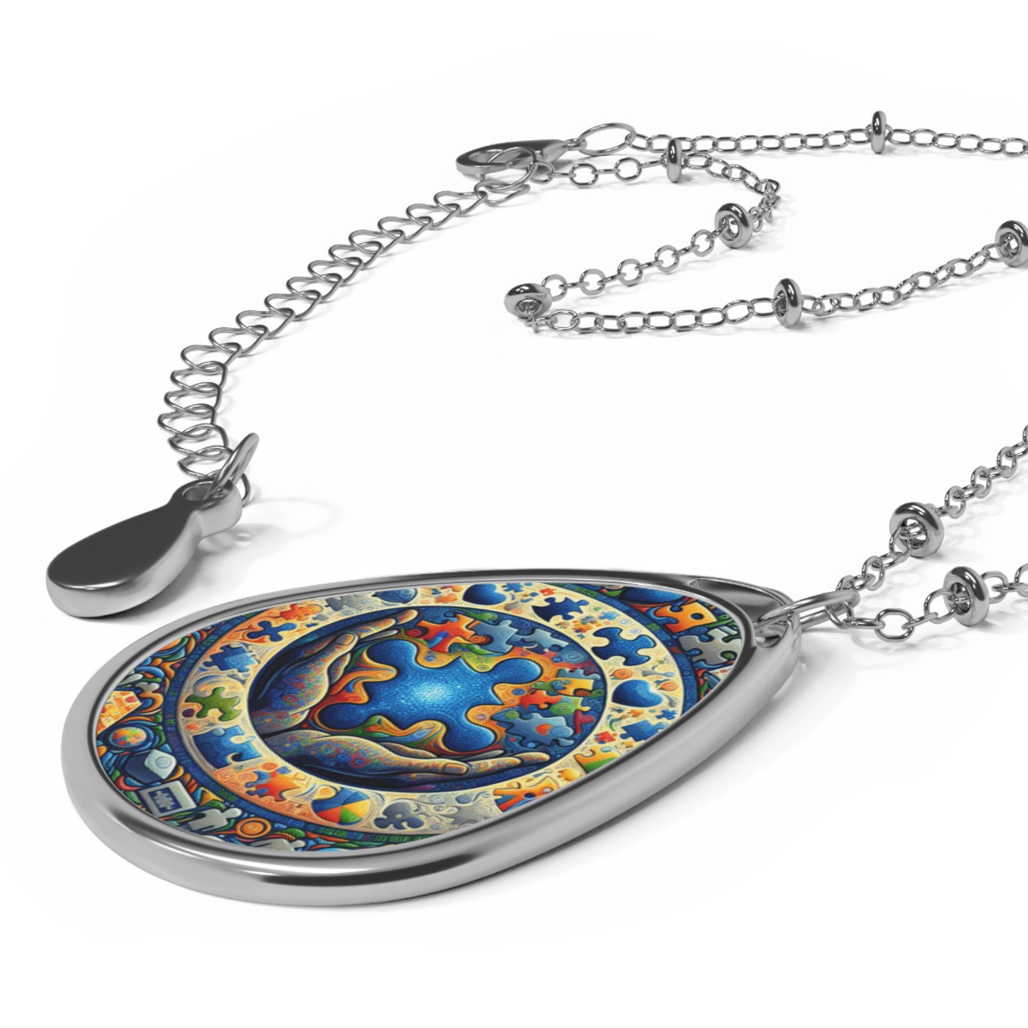 Colorful Oval Pendant Necklace - Autism Teardrop Design