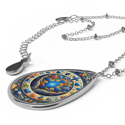 Colorful Oval Pendant Necklace - Autism Teardrop Design