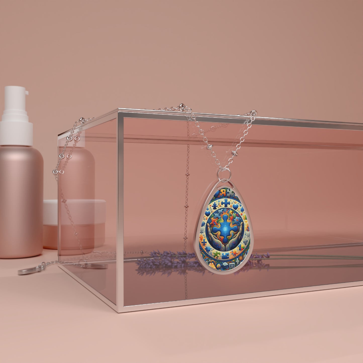 Colorful Oval Pendant Necklace - Autism Teardrop Design