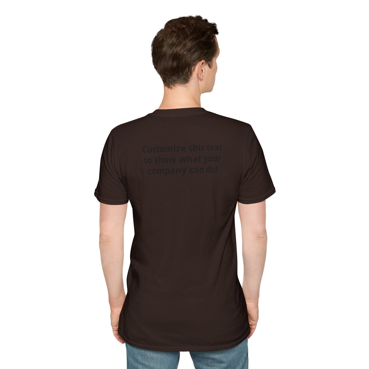 Minimal Custom Company T-Shirt — Small Chest Logo & Back Text