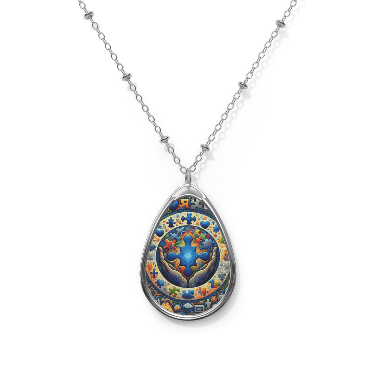 Colorful Oval Pendant Necklace - Autism Teardrop Design