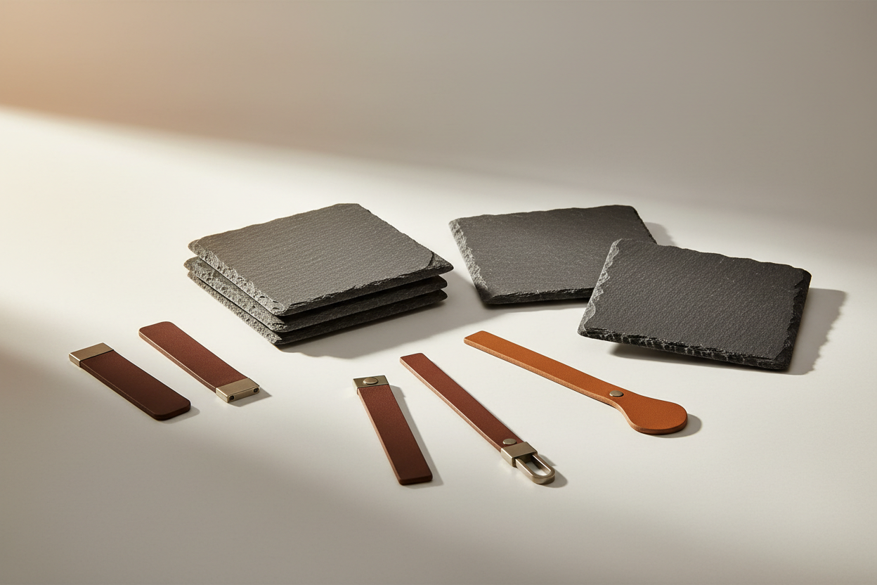 change the coasters to square ones and the key chains need to be flat leather key chains