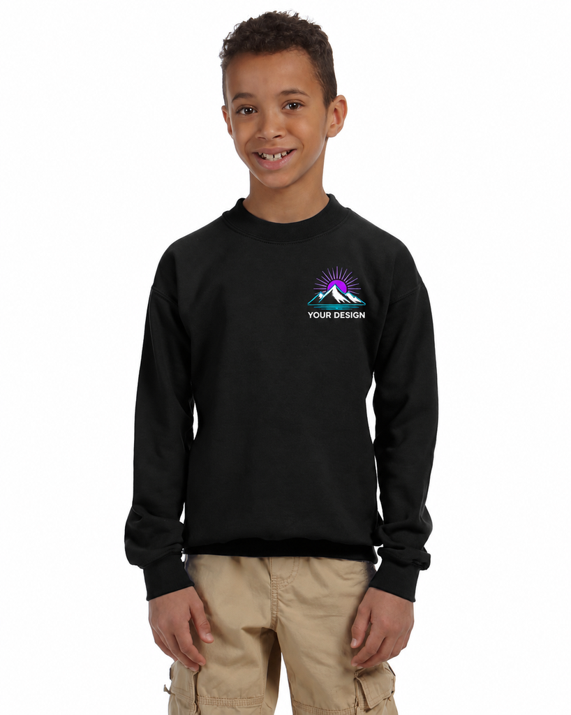 Custom Youth Crewneck Sweatshirt – Front Logo and Full Print Back (Black, Left Chest, XS)