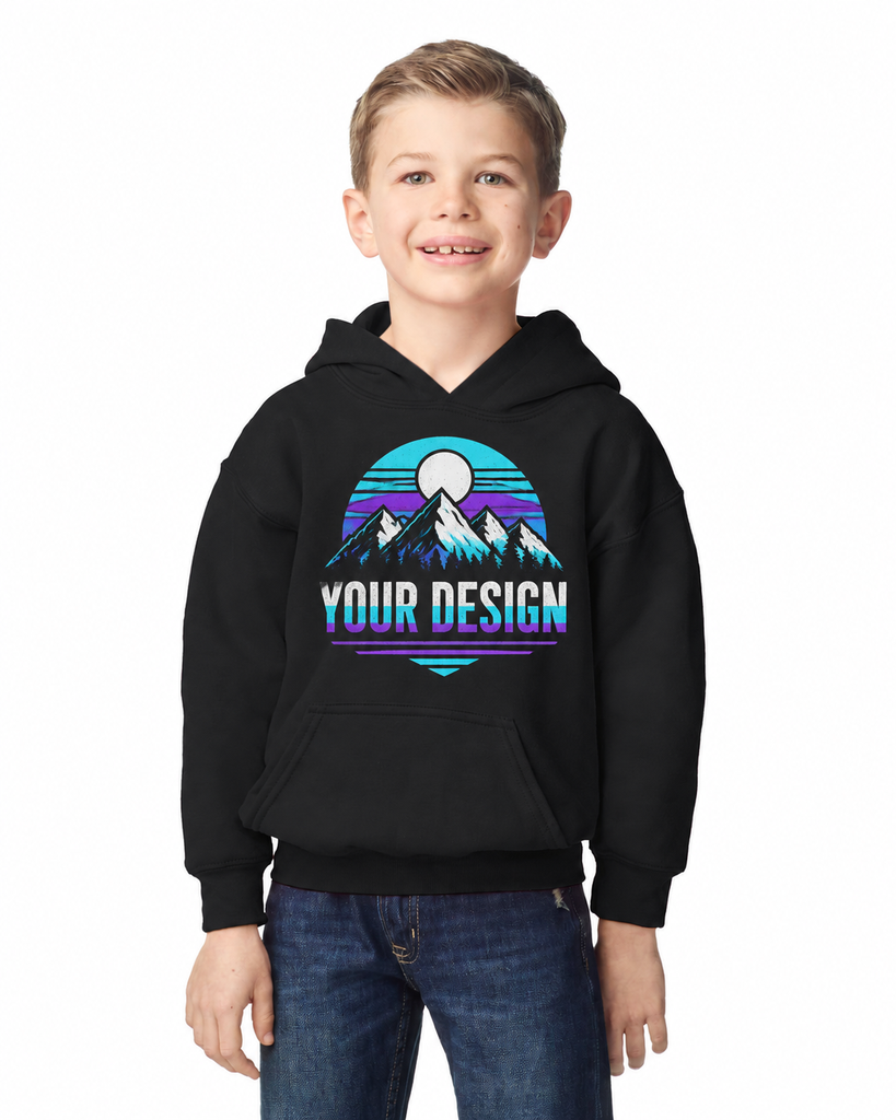 Custom Youth Pullover Hoodie – One-Sided (Black, Front, XS)