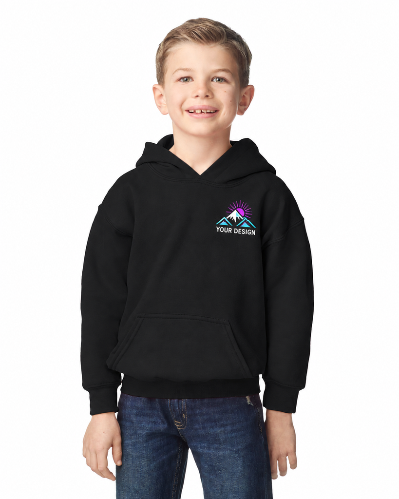 Custom Youth Pullover Hoodie – Front Logo and Full Print Back (Black, Left Chest, XS)