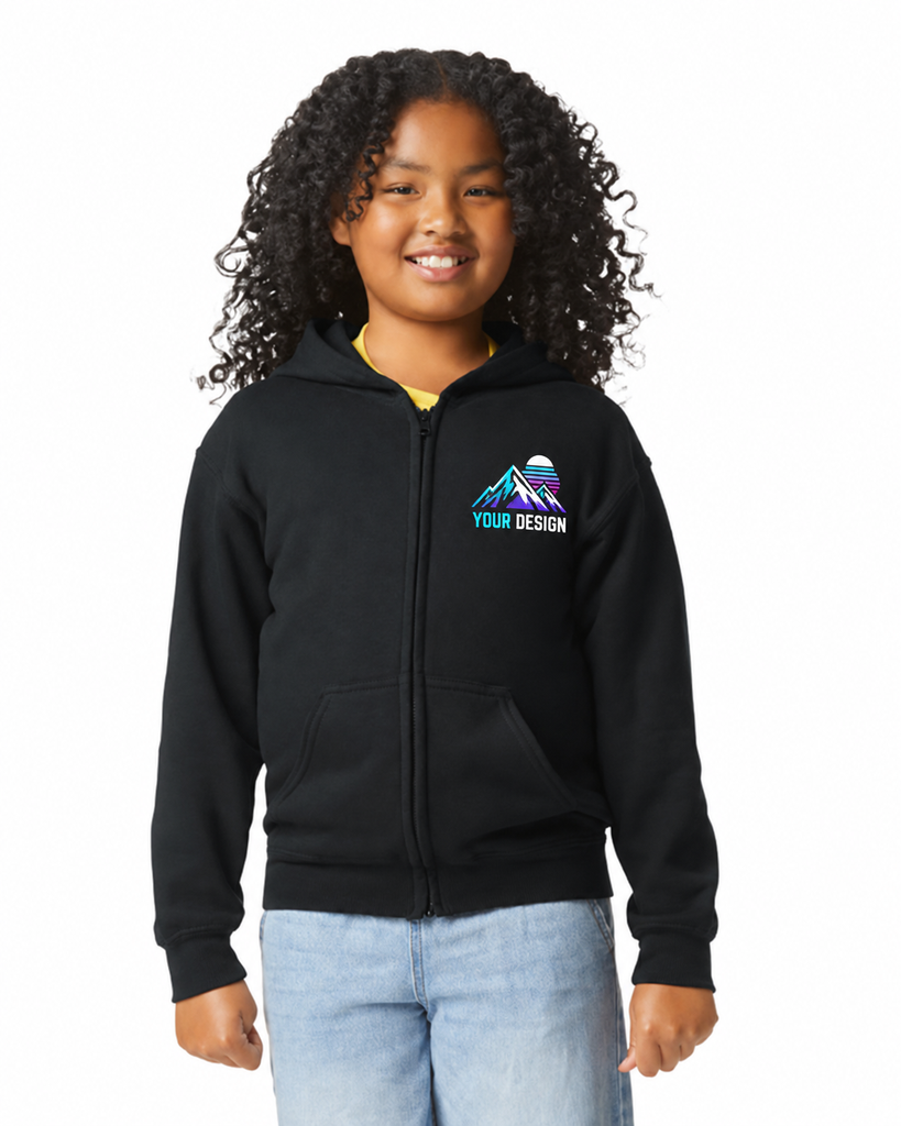 Custom Youth Full-Zip Hoodie – One-Sided (Black, Front, XS)