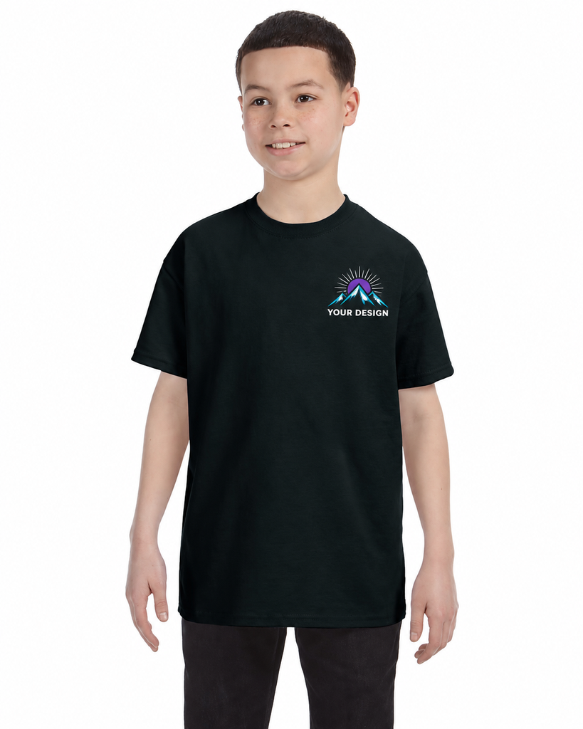 Custom Youth T-Shirt with Front Logo and Full Print Back (Black, XS, Left Chest)